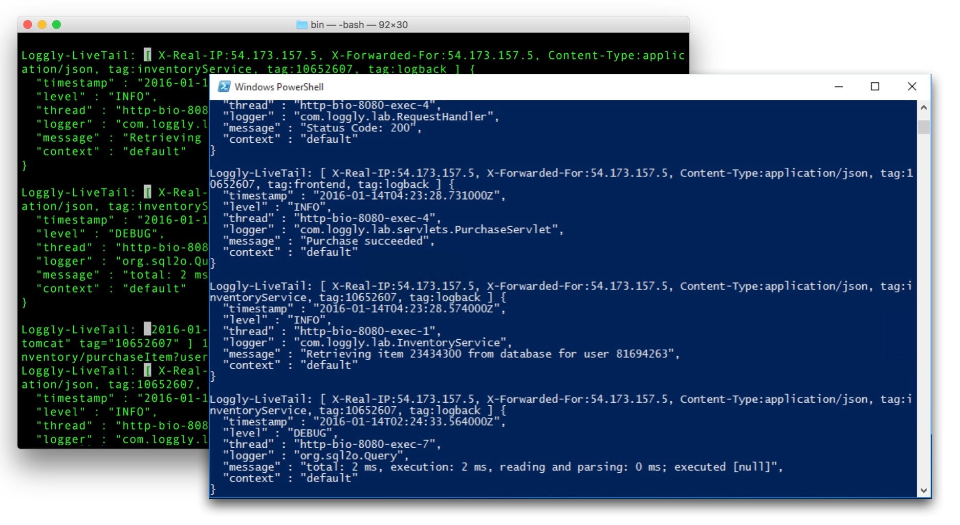Live Tail running in an OS X Terminal and on Windows PowerShell.