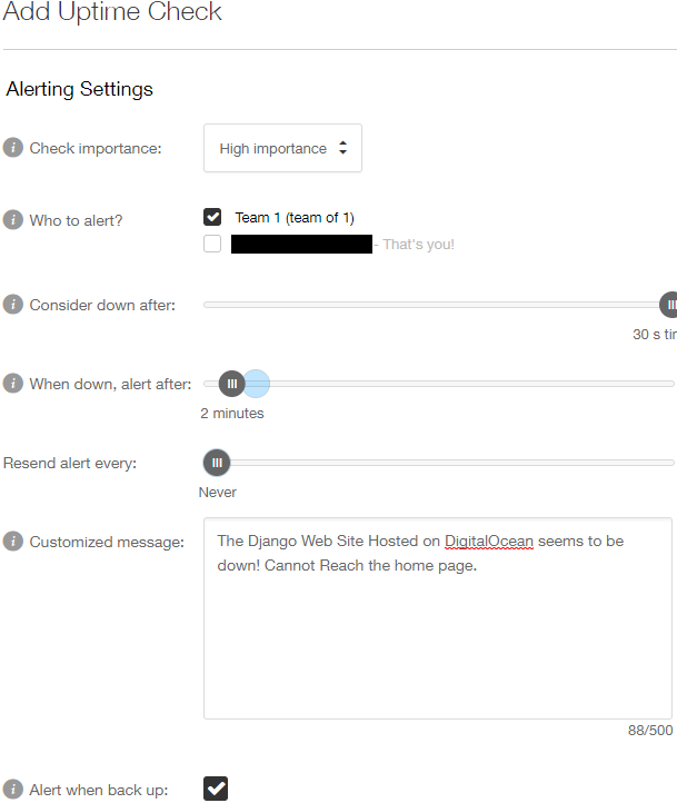 Configuring the alerting for an uptime check