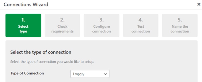 Select Loggly as the type of connection to begin setting up WordPress log management