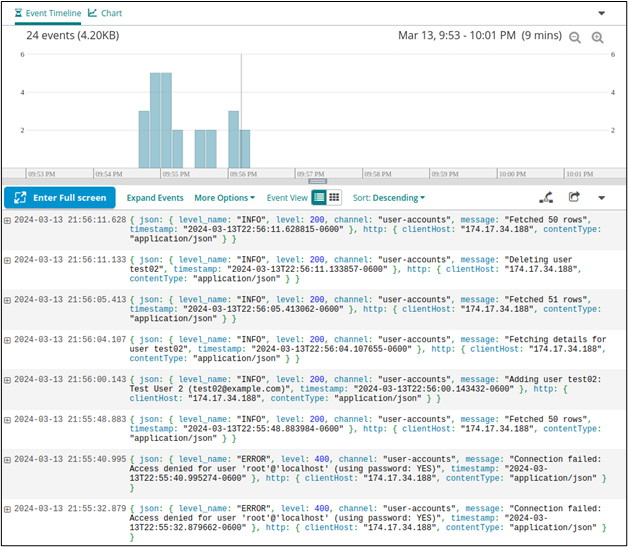 Viewing PHP application logs in Loggly in the log viewer.